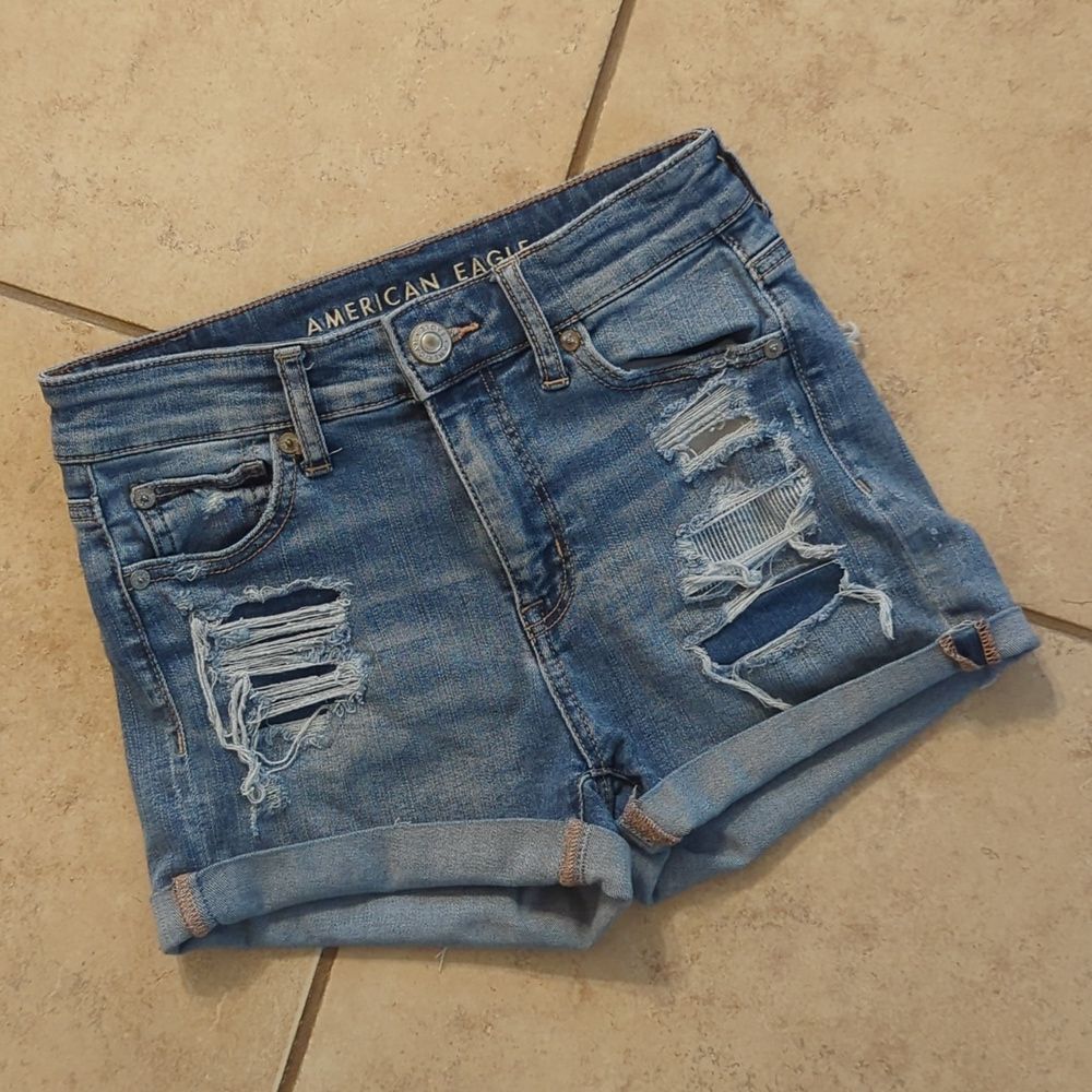 American Eagle Hi-Rise Shortie Denim Jean Distressed Shorts - Size 0
